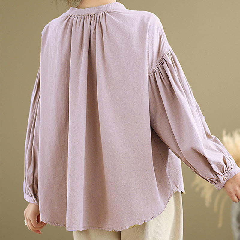Buddha Stones Commute Plain Half Buttons Accordion Pleats Design Women's Cotton Linen Shirt