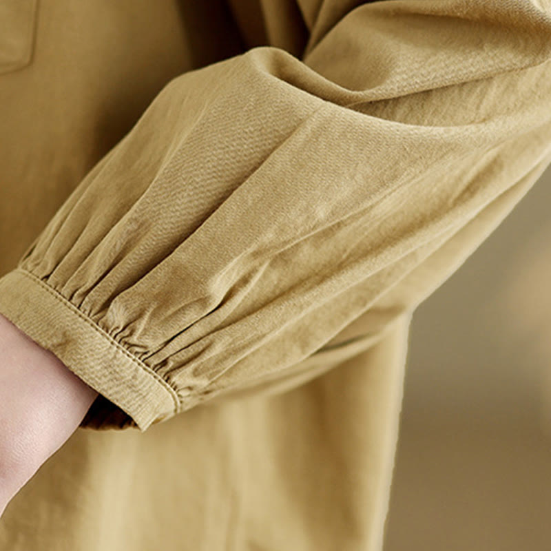 Buddha Stones Commute Plain Half Buttons Accordion Pleats Design Women's Cotton Linen Shirt