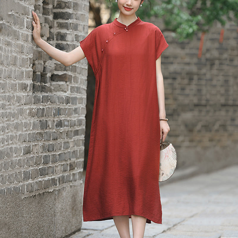 Buddha Stones Casual Plain Cheongsam Lace-Up Design Cotton Linen Short Sleeve Midi Dress