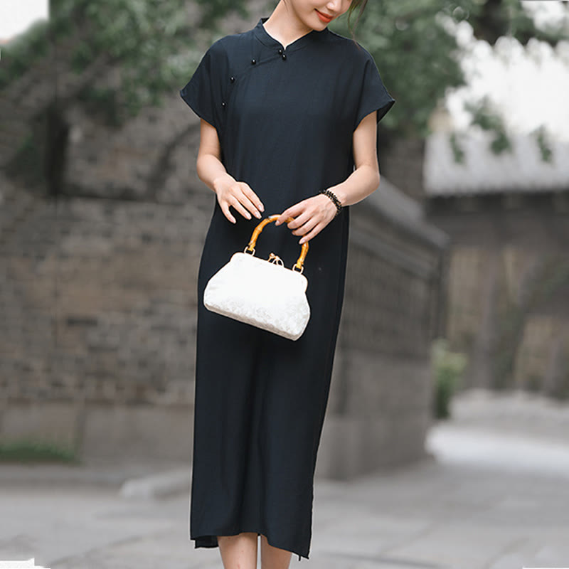 Buddha Stones Casual Plain Cheongsam Lace-Up Design Cotton Linen Short Sleeve Midi Dress