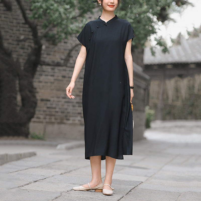 Buddha Stones Casual Plain Cheongsam Lace-Up Design Cotton Linen Short Sleeve Midi Dress