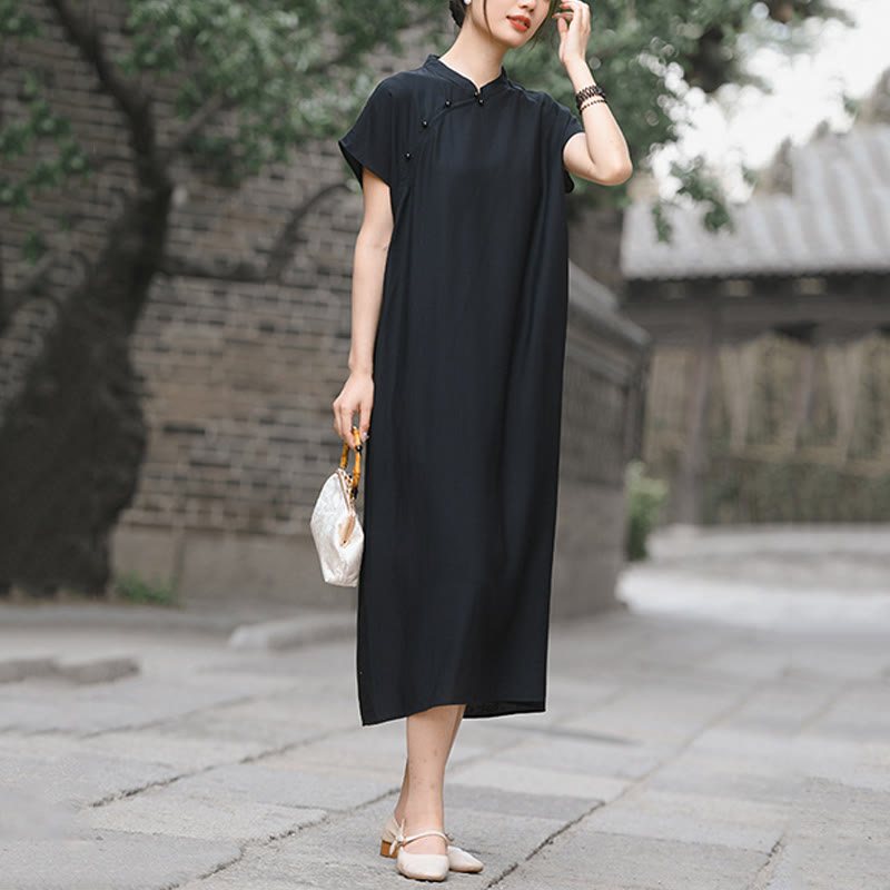 Buddha Stones Casual Plain Cheongsam Lace-Up Design Cotton Linen Short Sleeve Midi Dress