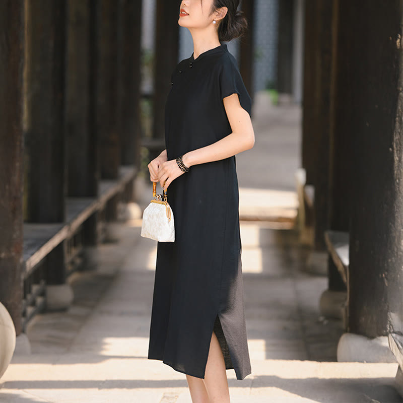 Buddha Stones Casual Plain Cheongsam Lace-Up Design Cotton Linen Short Sleeve Midi Dress