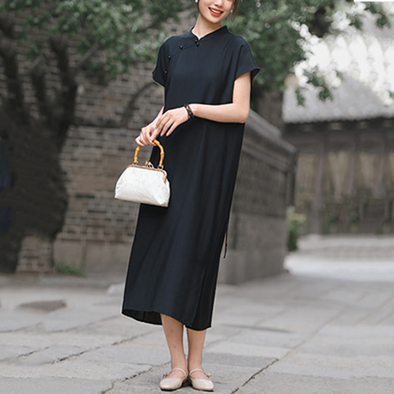 Buddha Stones Casual Plain Cheongsam Lace-Up Design Cotton Linen Short Sleeve Midi Dress