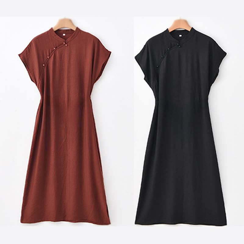 Buddha Stones Casual Plain Cheongsam Lace-Up Design Cotton Linen Short Sleeve Midi Dress