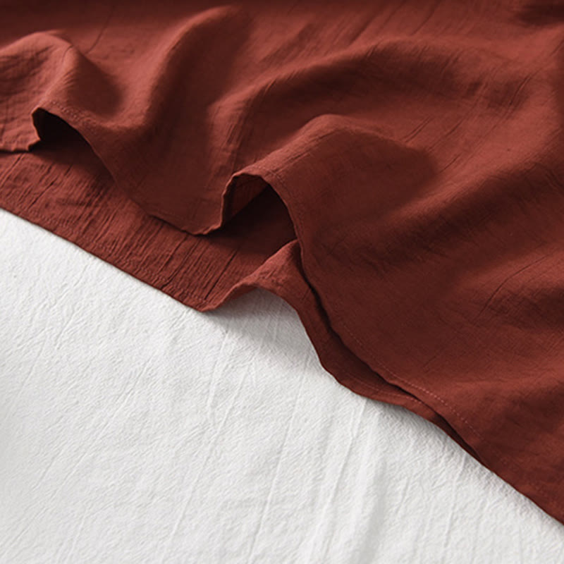 Buddha Stones Casual Plain Cheongsam Lace-Up Design Cotton Linen Short Sleeve Midi Dress