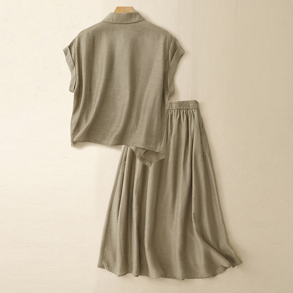 Buddha Stones 2Pcs Shirt Top 7-8 Length Skirt With Pockets Cotton Linen Clothing Women's Set