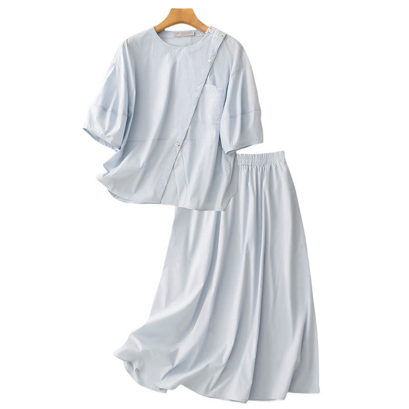 Buddha Stones 2pcs Irregular Button Design Shirt Skirt With Pockets Cotton Clothing Women's Set