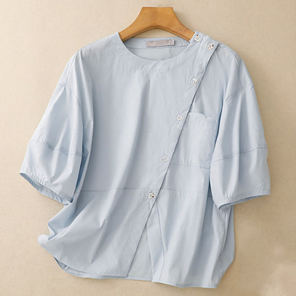 Buddha Stones 2pcs Irregular Button Design Shirt Skirt With Pockets Cotton Clothing Women's Set