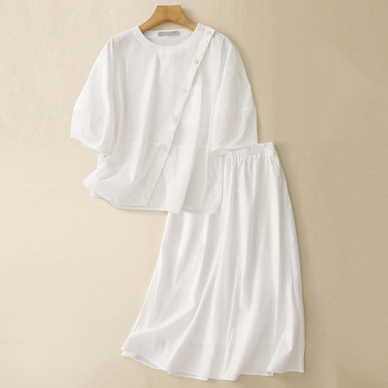 Buddha Stones 2pcs Irregular Button Design Shirt Skirt With Pockets Cotton Clothing Women's Set