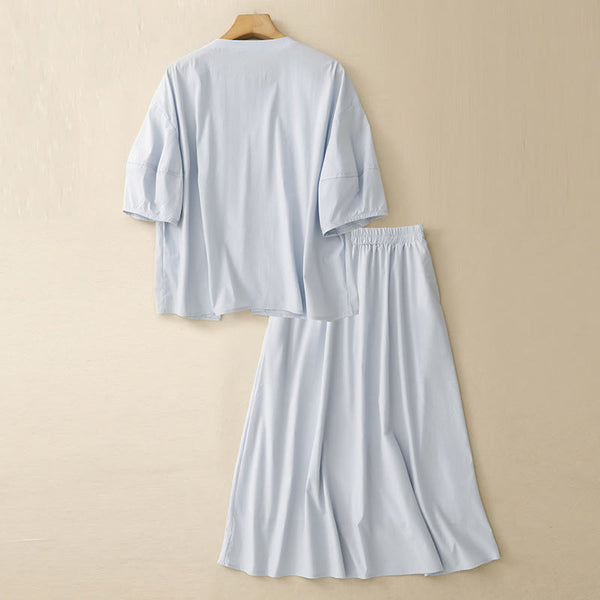 Buddha Stones 2pcs Irregular Button Design Shirt Skirt With Pockets Cotton Clothing Women's Set