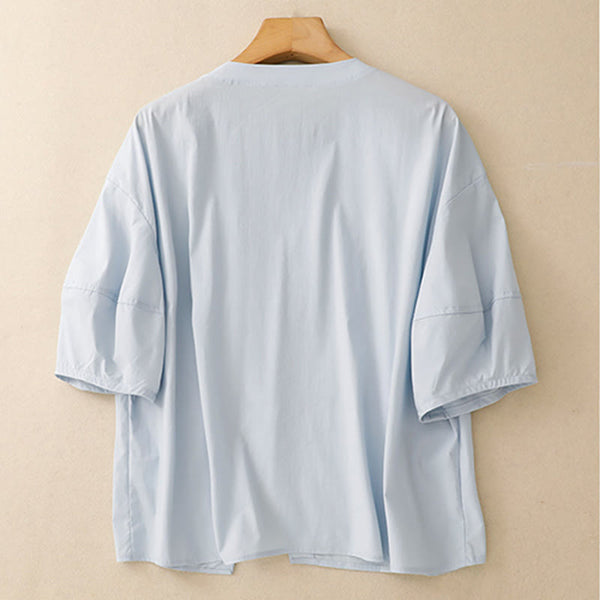 Buddha Stones 2pcs Irregular Button Design Shirt Skirt With Pockets Cotton Clothing Women's Set