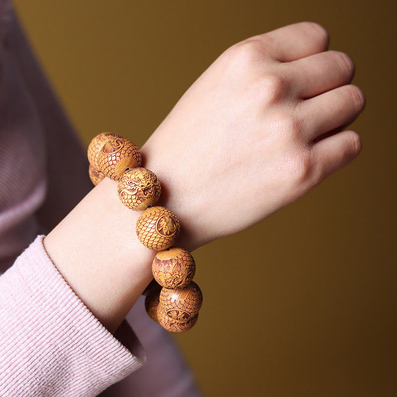 Buddha Stones Carving Sandalwood Dragon Keep Away Evil Spirits Bracelet