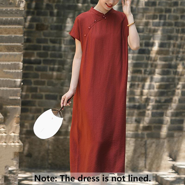 Buddha Stones Casual Plain Cheongsam Lace-Up Design Cotton Linen Short Sleeve Midi Dress