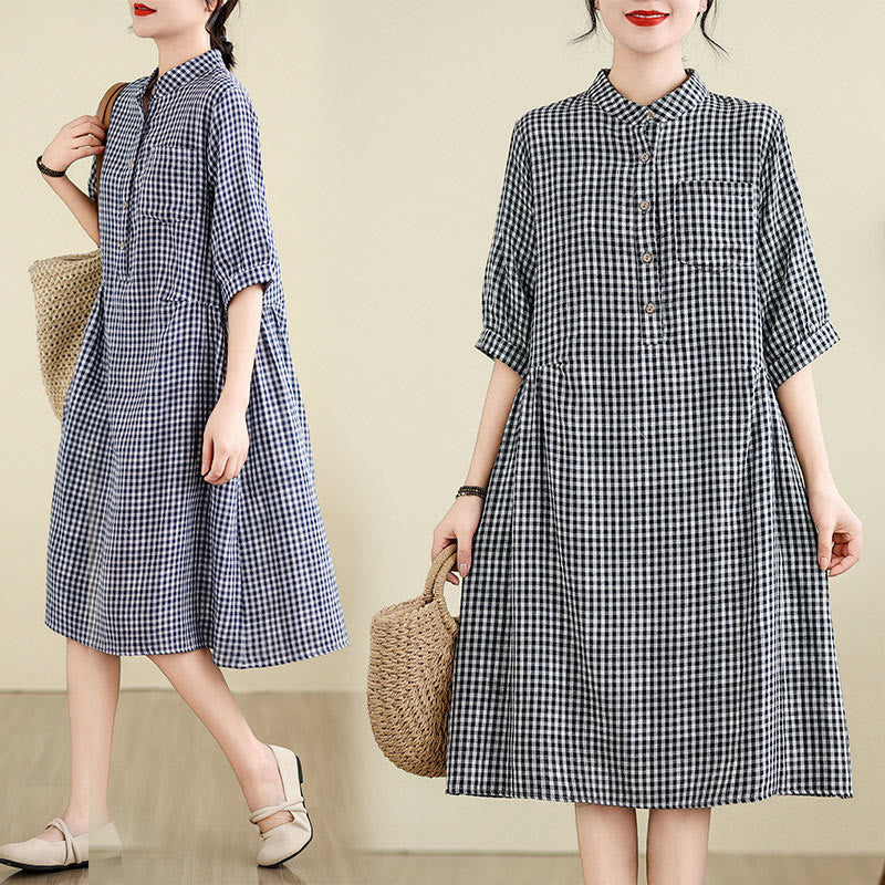 Buddha Stones Casual Plaid Pattern Half Sleeve Cotton Linen Midi Dress With Pockets