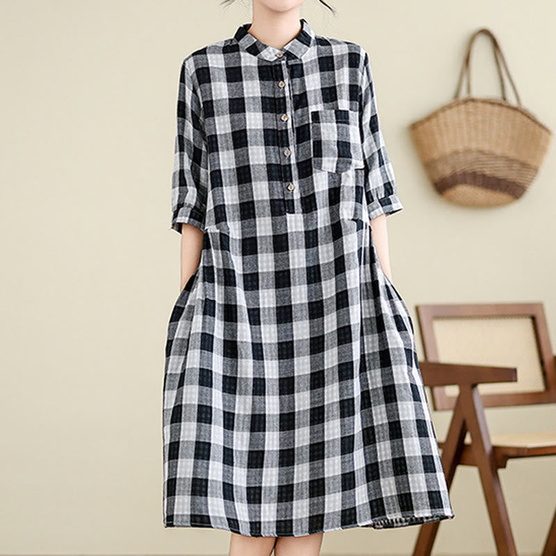 Buddha Stones Casual Plaid Pattern Half Sleeve Cotton Linen Midi Dress With Pockets