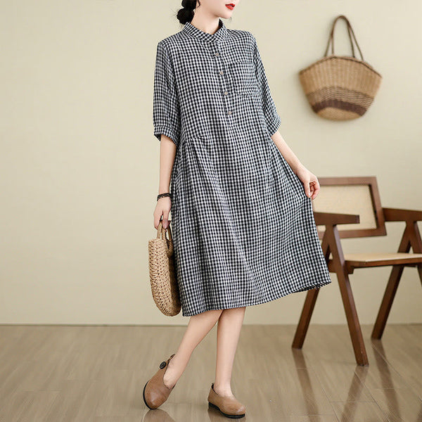 Buddha Stones Casual Plaid Pattern Half Sleeve Cotton Linen Midi Dress With Pockets