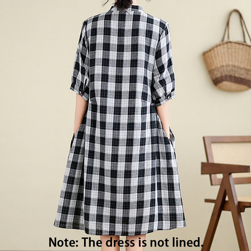 Buddha Stones Casual Plaid Pattern Half Sleeve Cotton Linen Midi Dress With Pockets