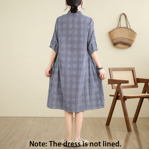 Buddha Stones Casual Plaid Pattern Half Sleeve Cotton Linen Midi Dress With Pockets