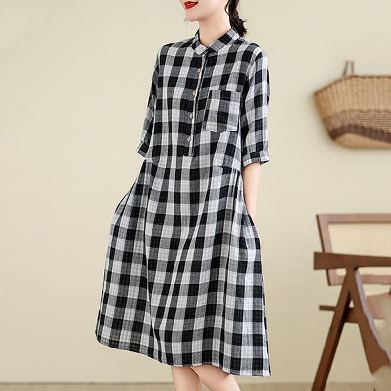 Buddha Stones Casual Plaid Pattern Half Sleeve Cotton Linen Midi Dress With Pockets