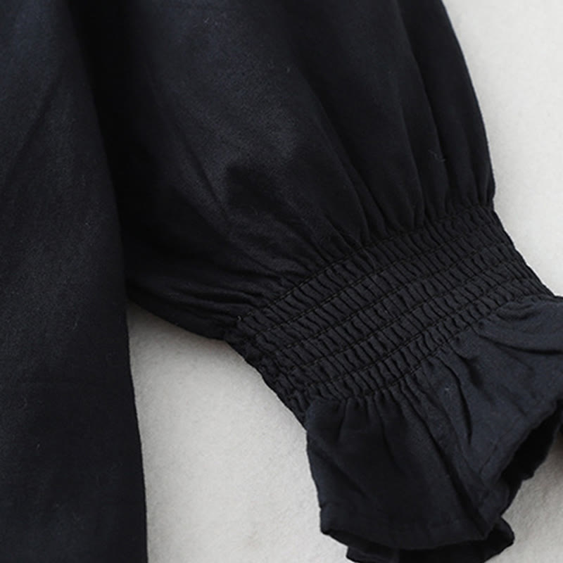 Buddha Stones Casual Ruffled Lace Patchwork Design Puff Sleeve Cotton Midi Dress With Pockets