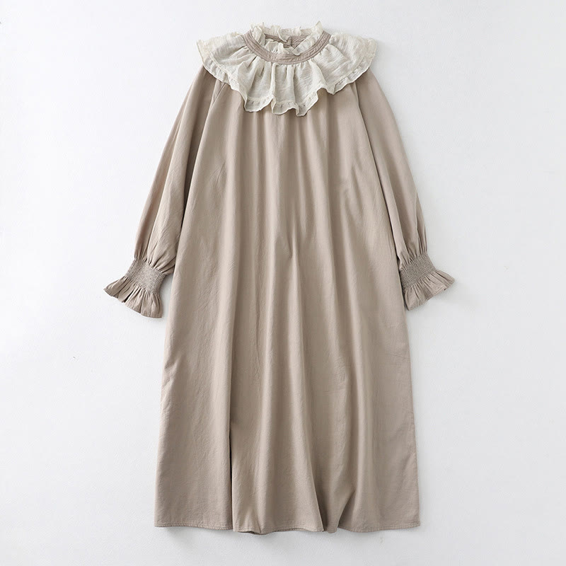 Buddha Stones Casual Ruffled Lace Patchwork Design Puff Sleeve Cotton Midi Dress With Pockets