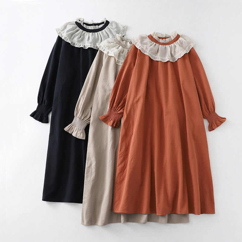 Buddha Stones Casual Ruffled Lace Patchwork Design Puff Sleeve Cotton Midi Dress With Pockets