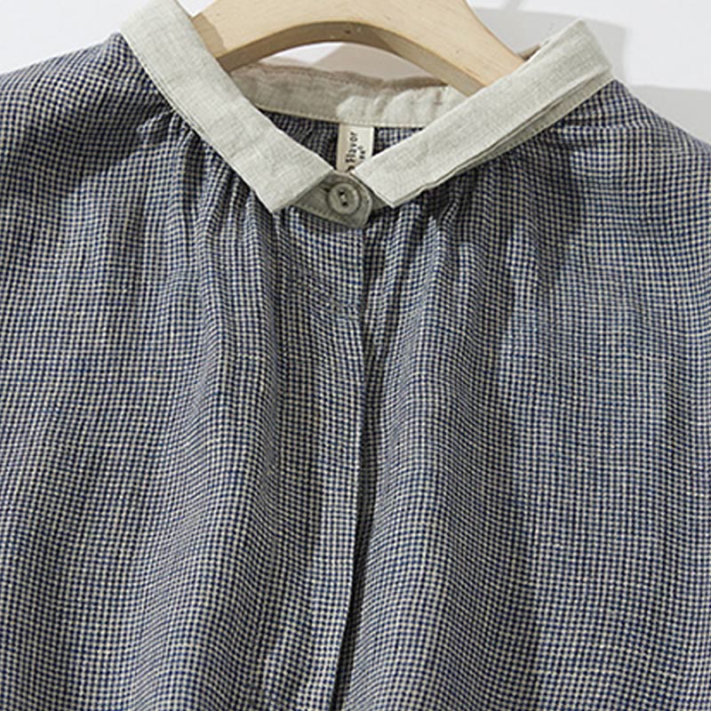 Buddha Stones Commute Retro DimGray Plaid Lantern Sleeve Cotton Linen Midi Dress With Pockets