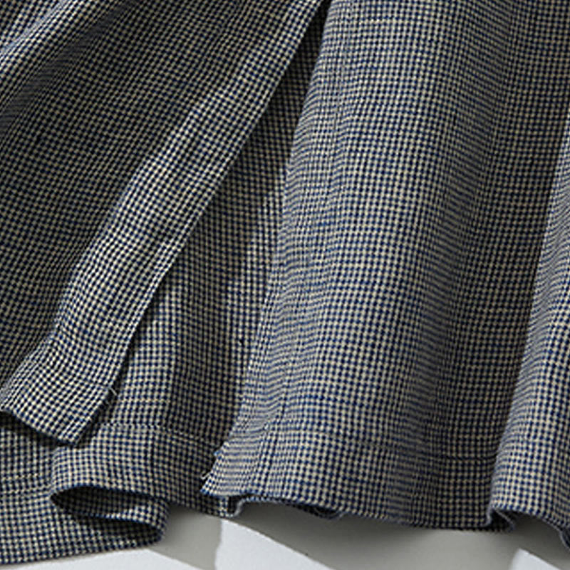 Buddha Stones Commute Retro DimGray Plaid Lantern Sleeve Cotton Linen Midi Dress With Pockets