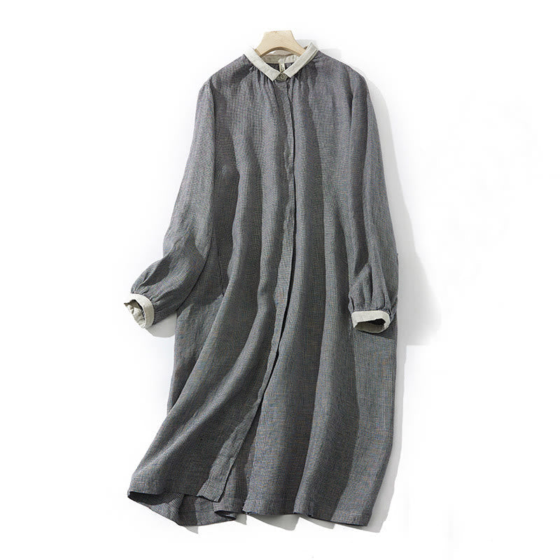 Buddha Stones Commute Retro DimGray Plaid Lantern Sleeve Cotton Linen Midi Dress With Pockets