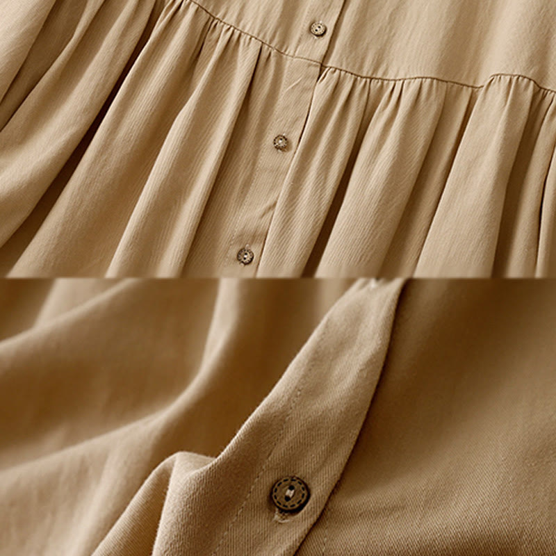 Buddha Stones Commute Pure Color Button Design Lapel Cotton Midi Dress