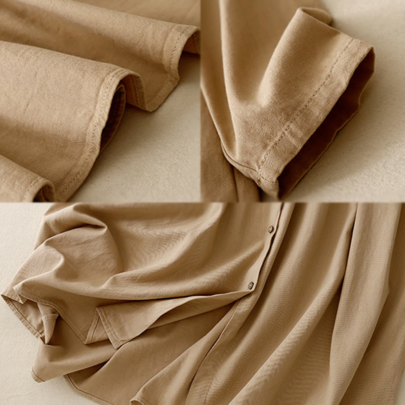 Buddha Stones Commute Pure Color Button Design Lapel Cotton Midi Dress