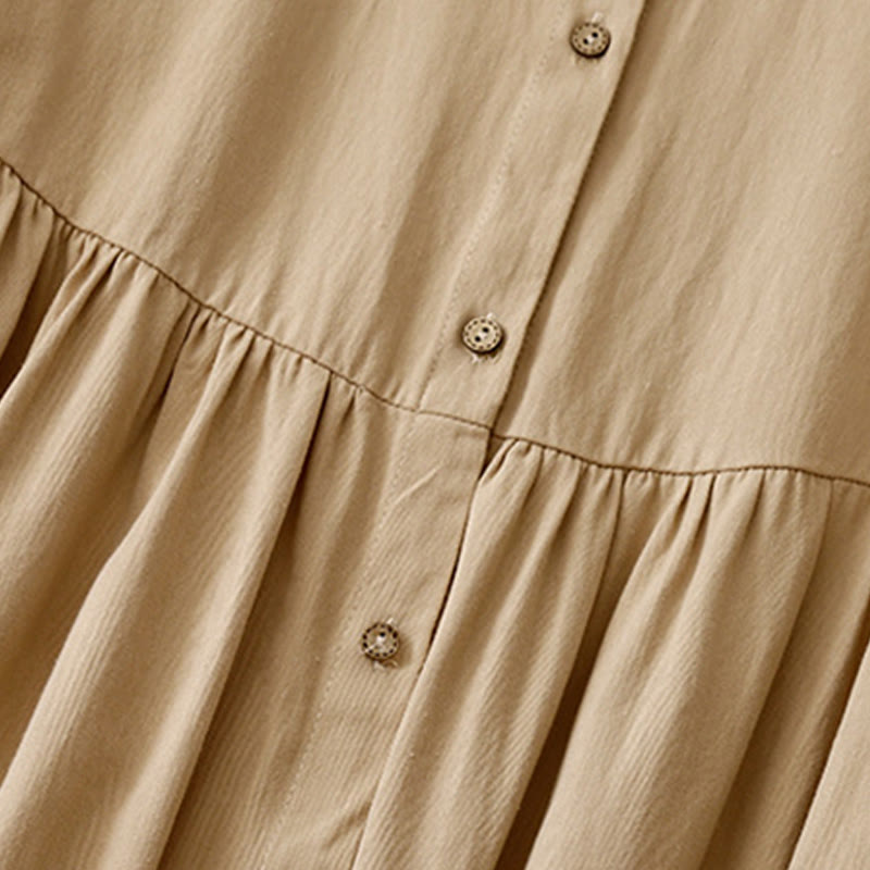 Buddha Stones Commute Pure Color Button Design Lapel Cotton Midi Dress
