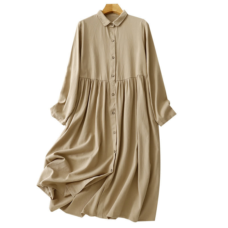 Buddha Stones Commute Pure Color Button Design Lapel Cotton Midi Dress