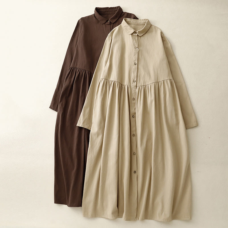Buddha Stones Commute Pure Color Button Design Lapel Cotton Midi Dress