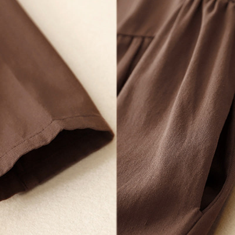 Buddha Stones Commute Pure Color Button Design Lapel Cotton Midi Dress