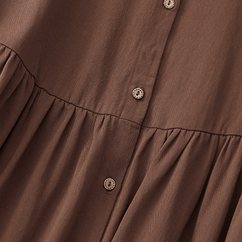 Buddha Stones Commute Pure Color Button Design Lapel Cotton Midi Dress