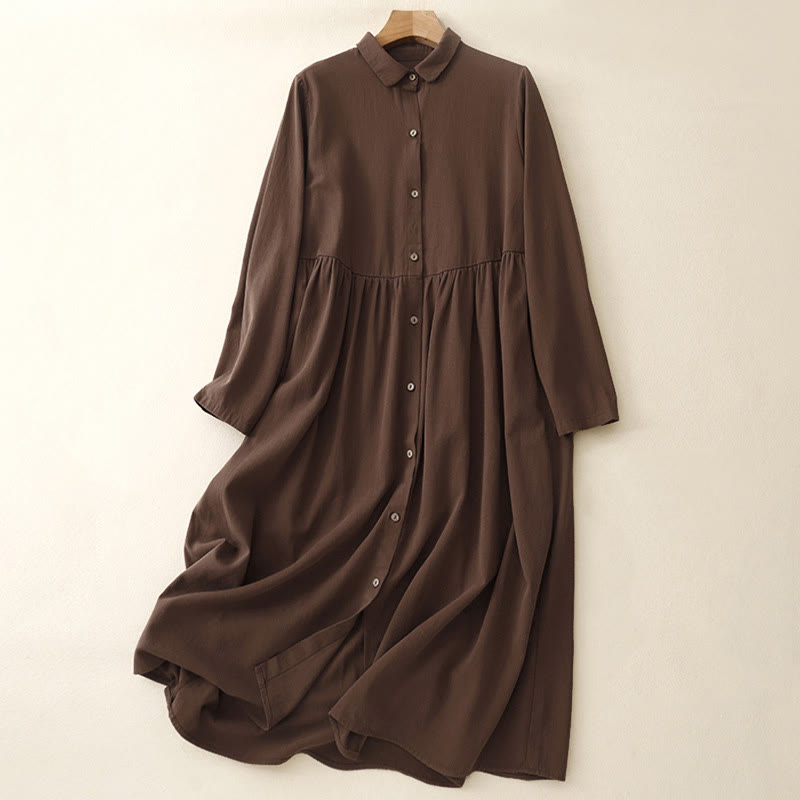 Buddha Stones Commute Pure Color Button Design Lapel Cotton Midi Dress