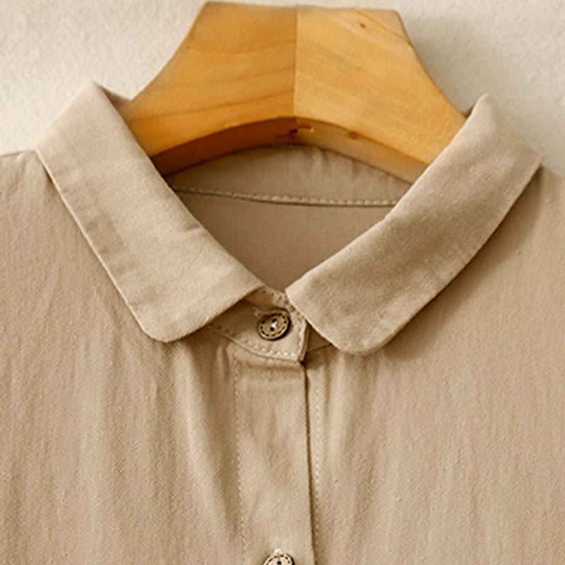 Buddha Stones Commute Pure Color Button Design Lapel Cotton Midi Dress