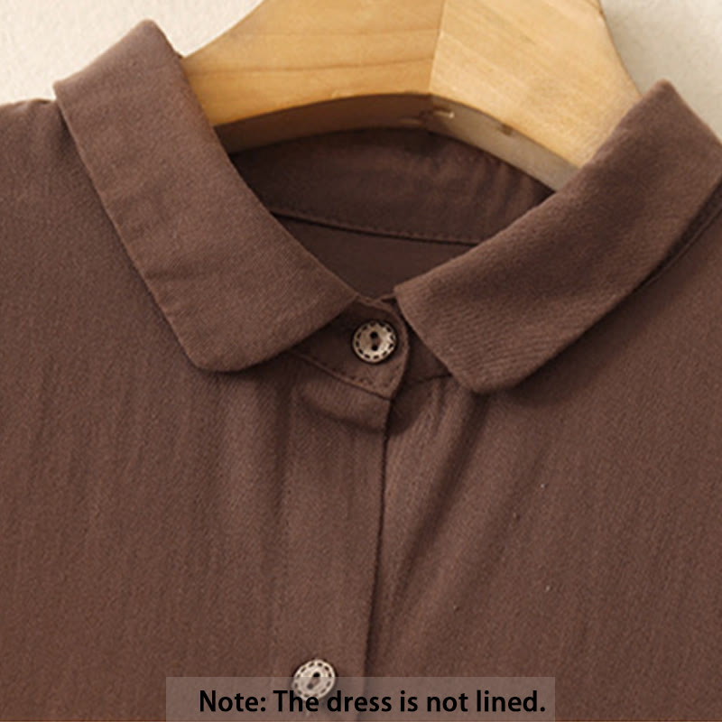 Buddha Stones Commute Pure Color Button Design Lapel Cotton Midi Dress