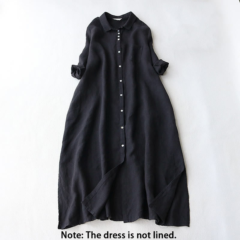 Buddha Stones Buttons Design Lapel Three Quarter Sleeve Cotton Linen Midi Dress With Pockets