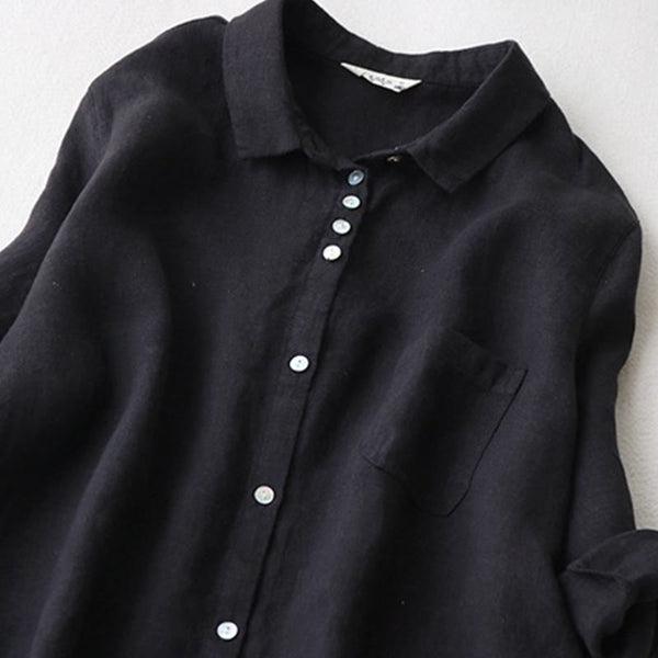 Buddha Stones Buttons Design Lapel Three Quarter Sleeve Cotton Linen Midi Dress With Pockets