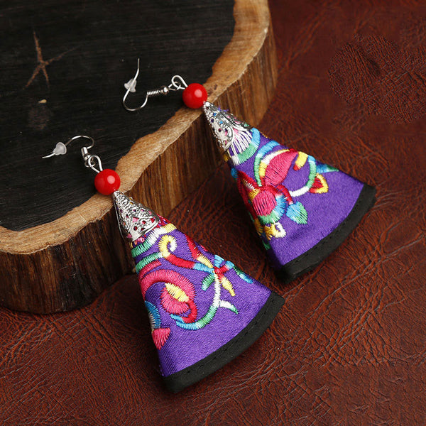 Buddha Stones Handmade Fan-shaped Yi Embroidery Harmony Earrings