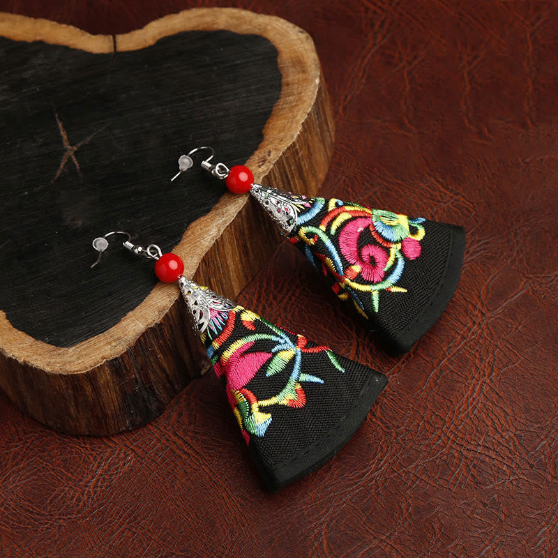 Buddha Stones Handmade Fan-shaped Yi Embroidery Harmony Earrings