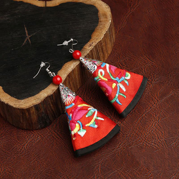 Buddha Stones Handmade Fan-shaped Yi Embroidery Harmony Earrings