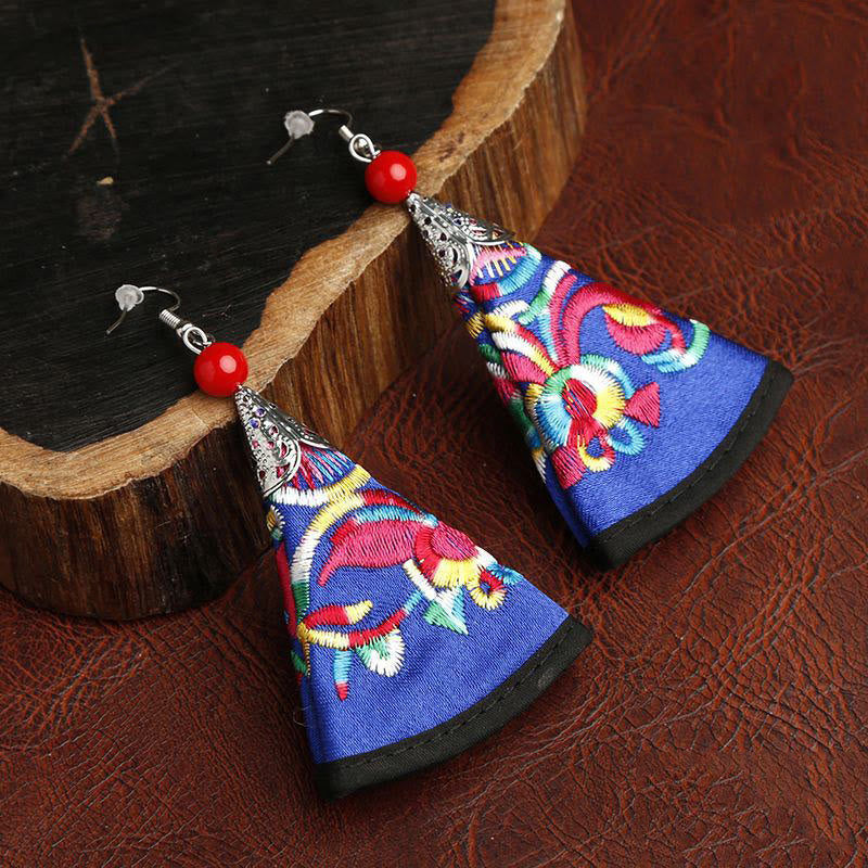 Buddha Stones Handmade Fan-shaped Yi Embroidery Harmony Earrings