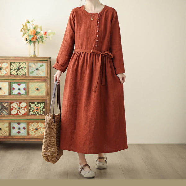 Buddha Stones Vintage OrangeRed Lace-Up Design Long Sleeve Cotton Maxi Dress With Pockets