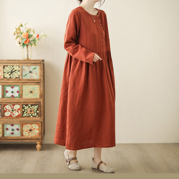 Buddha Stones Vintage OrangeRed Lace-Up Design Long Sleeve Cotton Maxi Dress With Pockets