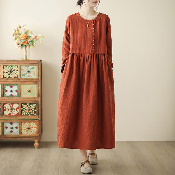 Buddha Stones Vintage OrangeRed Lace-Up Design Long Sleeve Cotton Maxi Dress With Pockets