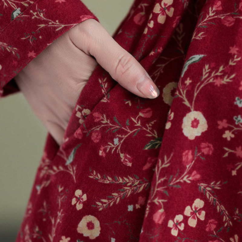 Buddha Stones Ethnic Printing Drawstring Long Sleeve Cotton Linen Maxi Dress With Pockets